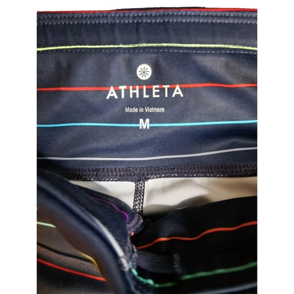 Athleta Multi Stripe Sonar Rainbow Navy Blue Capri Leggings Size Medium Yoga - Picture 3 of 9